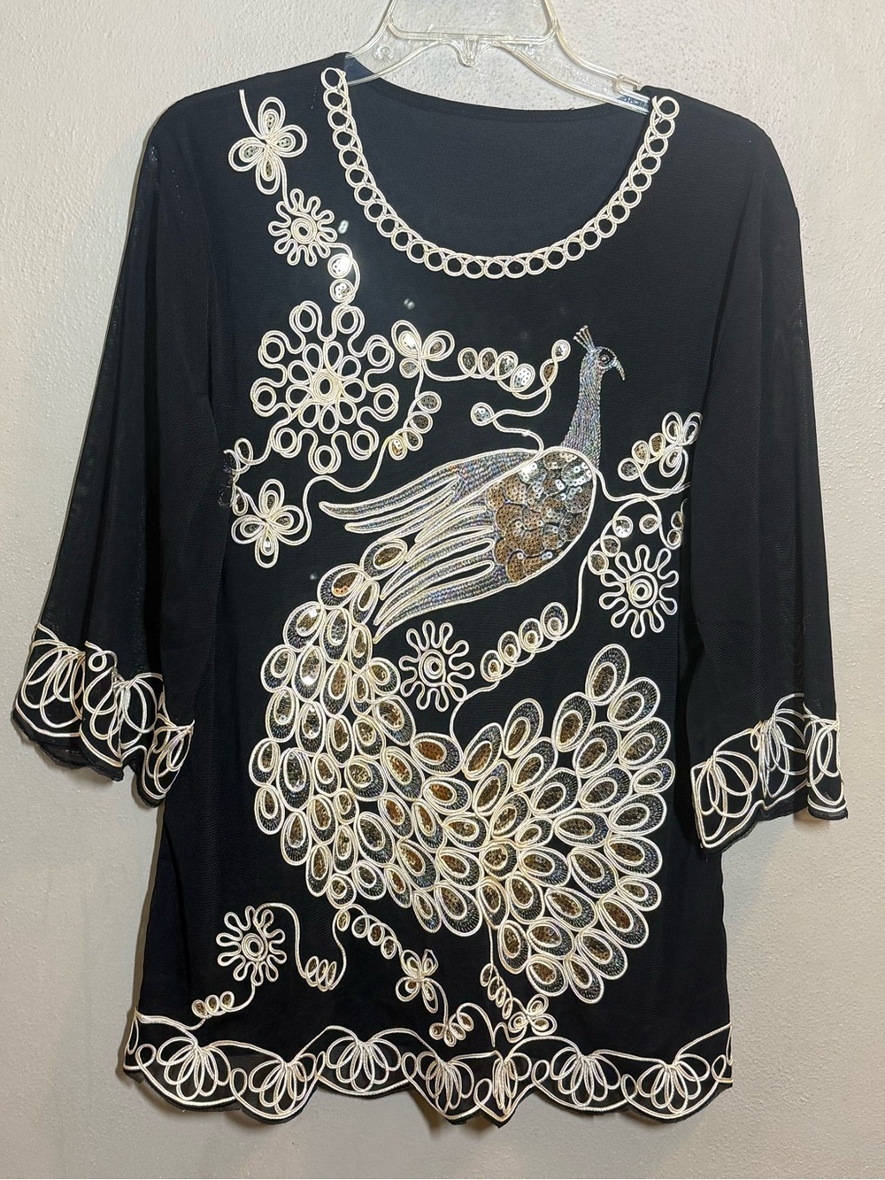NWOT Women’s Embellished Peacock Motif Black & Gold Top